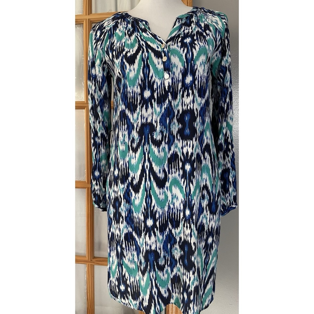 Banana Republic Ikat Mini Dress Sz S Blue Green Split Crewneck Long Sleeve City